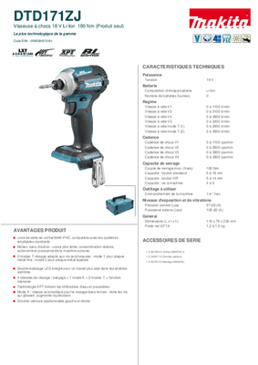 Electroportatifs - Perçeuses, visseuses - Visseuse à chocs 18V 180 NM DTD171ZJ